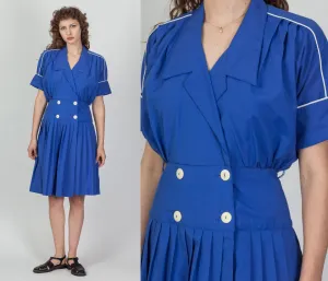 80s Does 40s Blue Double Breasted Pleated Shirtdress - Medium