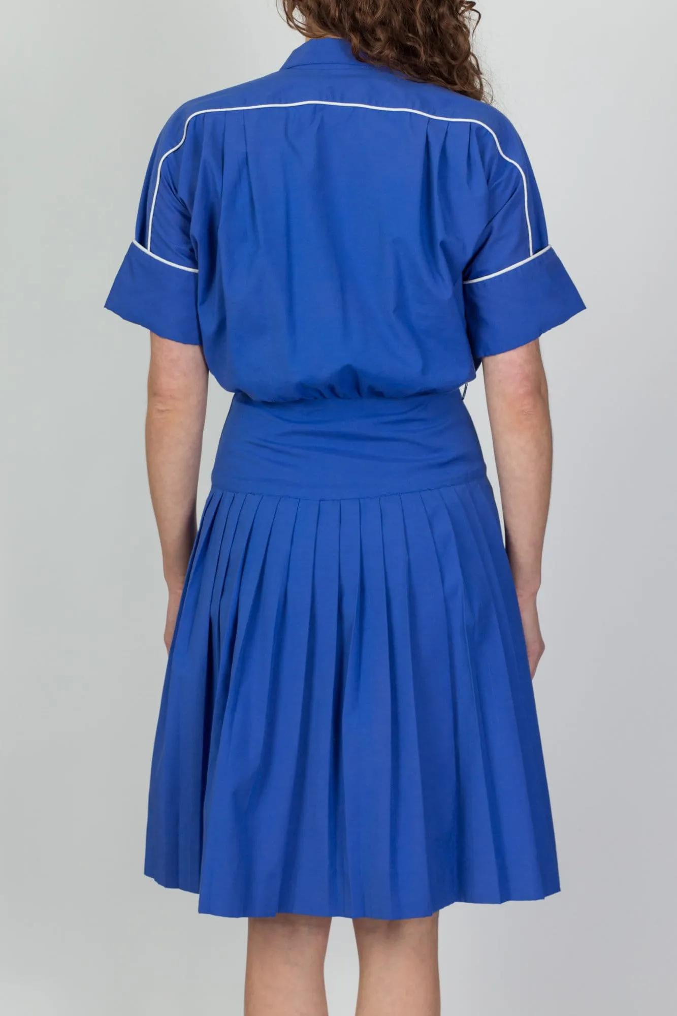 80s Does 40s Blue Double Breasted Pleated Shirtdress - Medium
