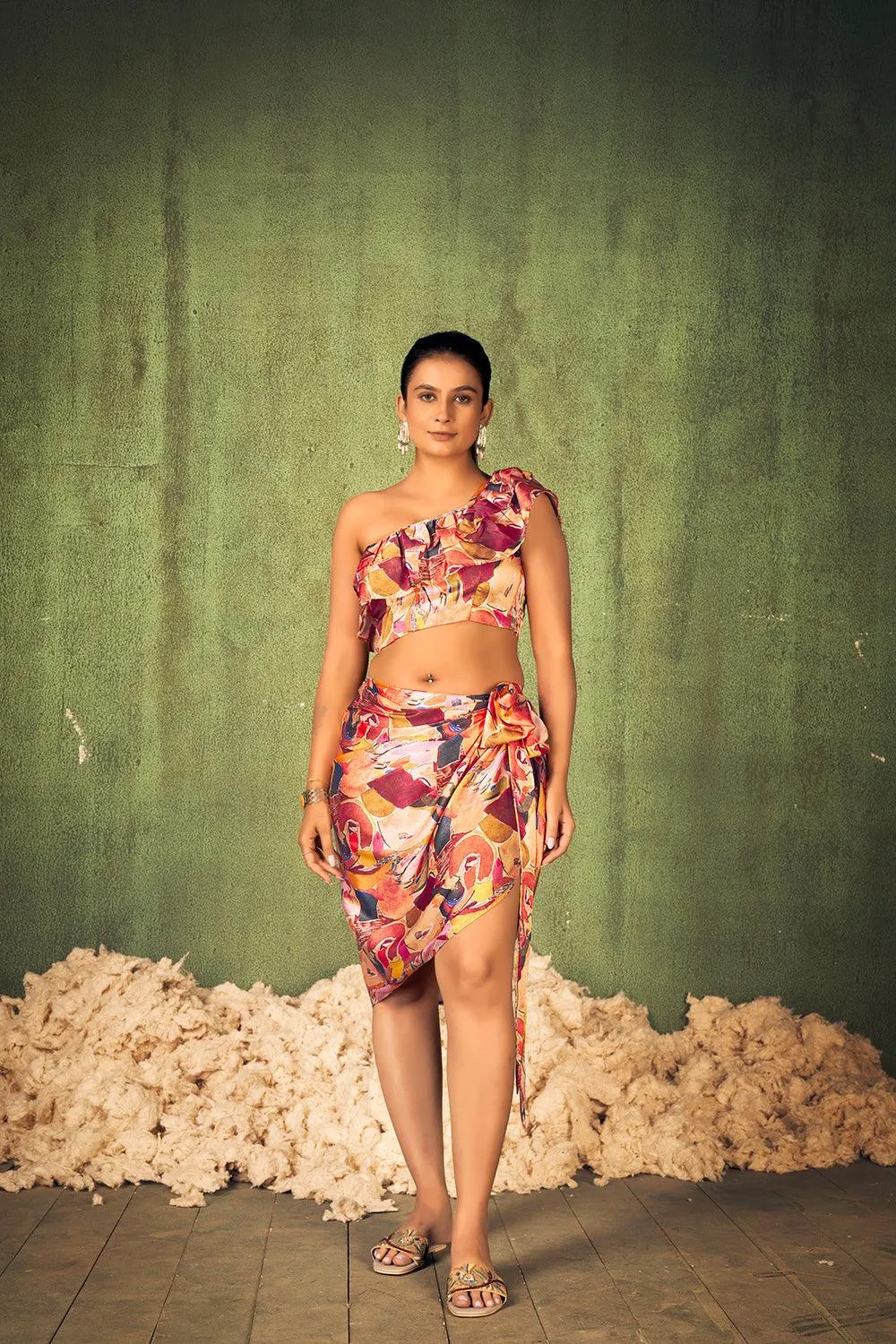 Abstract Print Beach Wear Crop Top with Sarong Cover Up Set