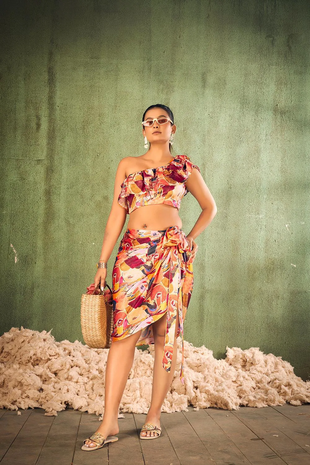 Abstract Print Beach Wear Crop Top with Sarong Cover Up Set