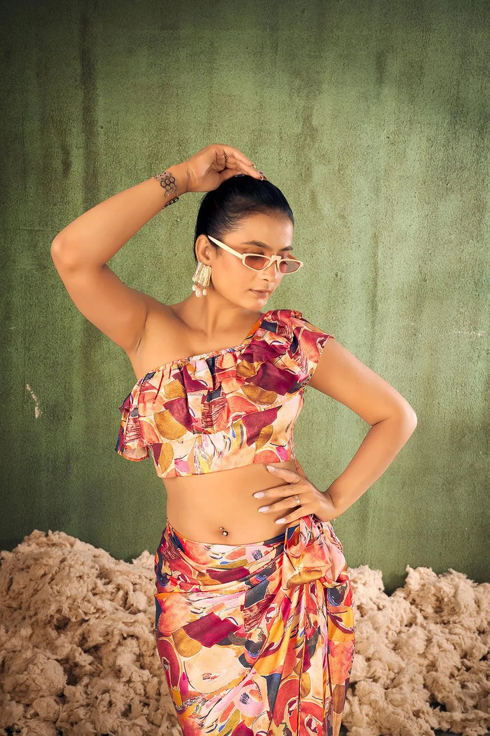 Abstract Print Beach Wear Crop Top with Sarong Cover Up Set