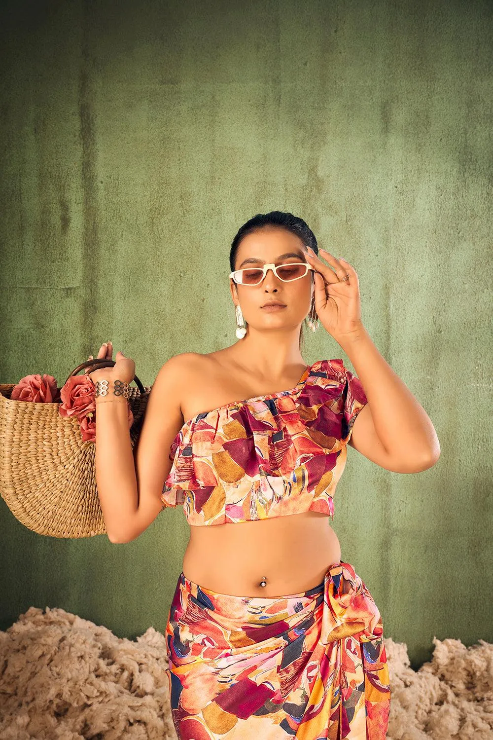 Abstract Print Beach Wear Crop Top with Sarong Cover Up Set