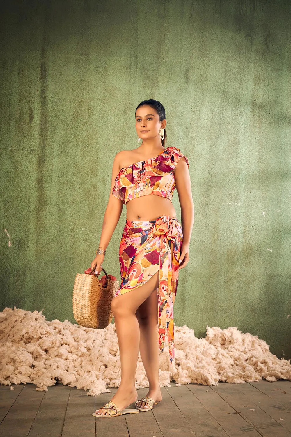 Abstract Print Beach Wear Crop Top with Sarong Cover Up Set