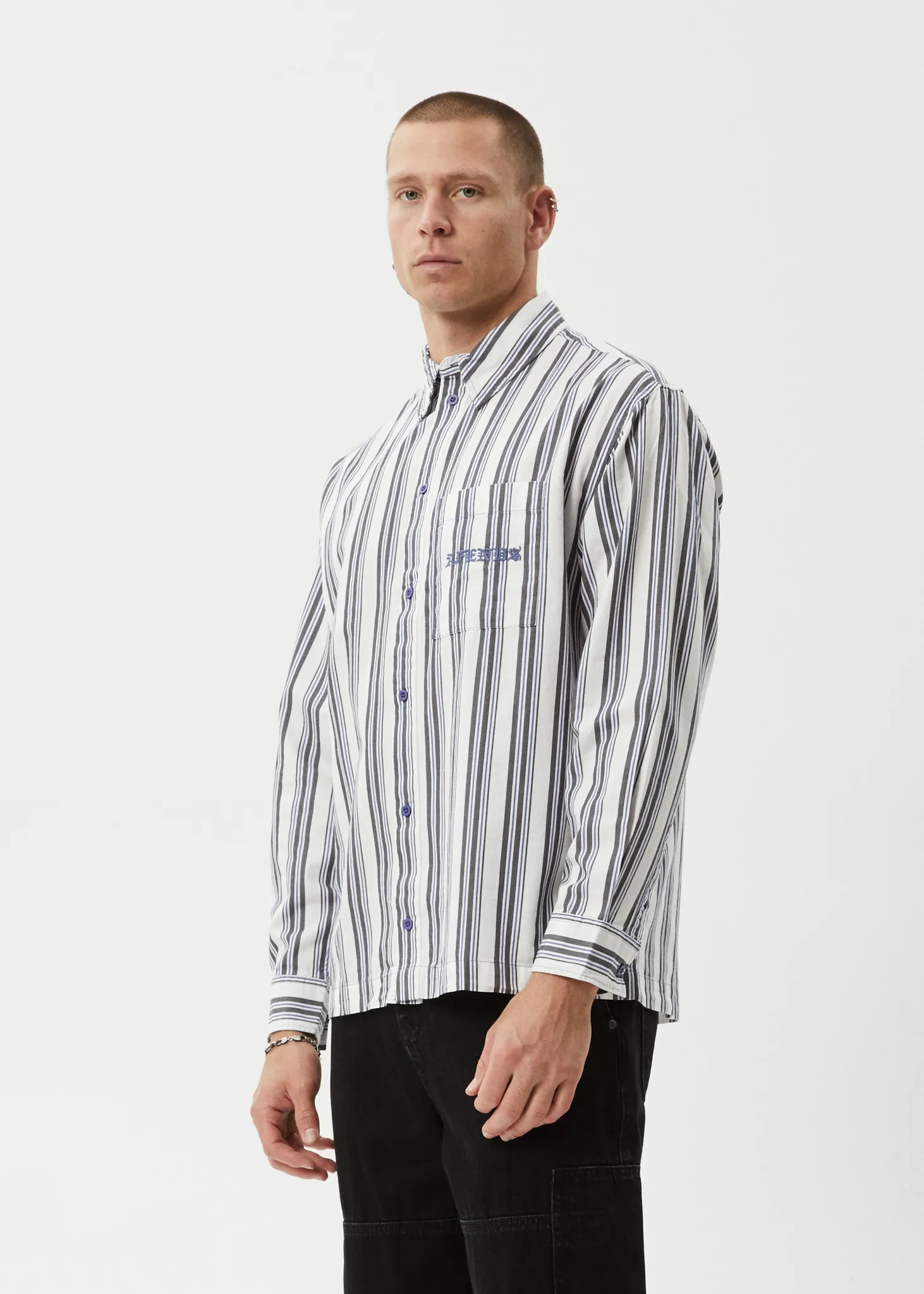 AFENDS Mens Lined Up - Long Sleeve Shirt - White Stripe