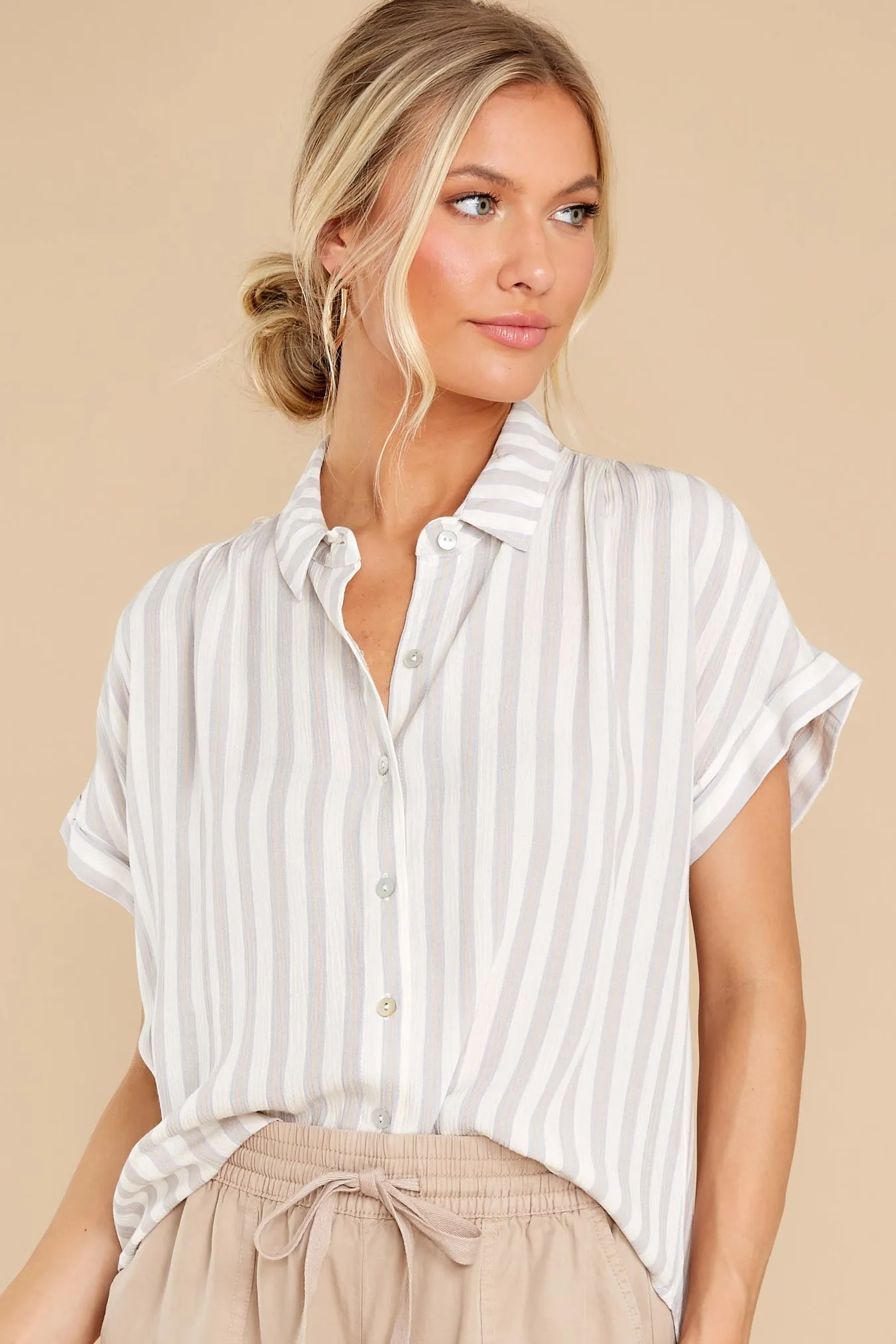 An Easy Win Grey And White Stripe Top