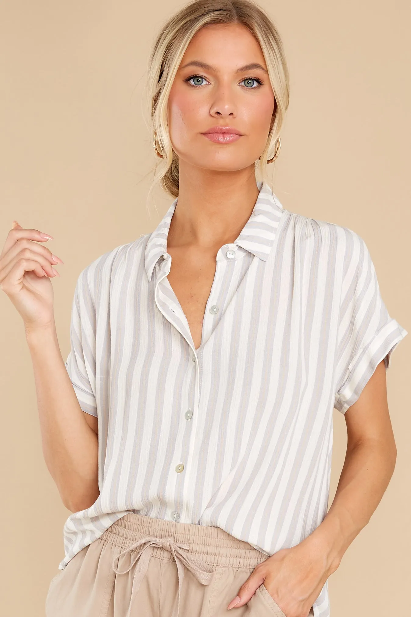 An Easy Win Grey And White Stripe Top