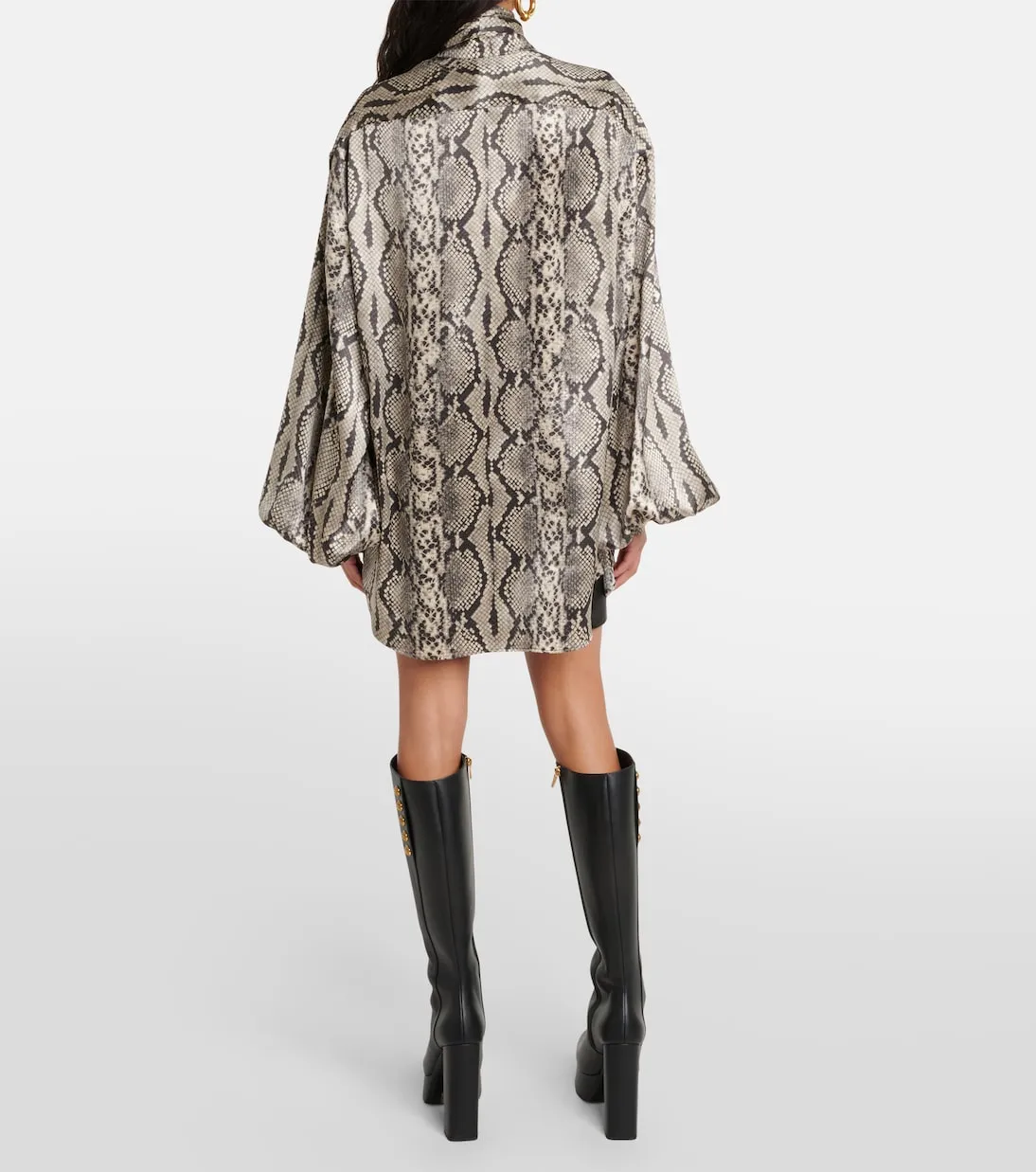 Balmain Snake Print Silk Tie Blouse, Gray