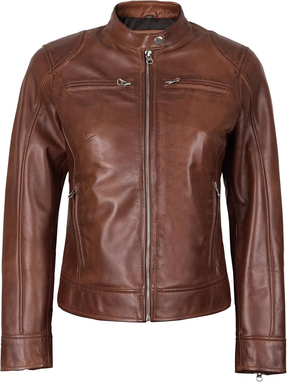 Blingsoul Real Leather Jacket Women - Cafe Racer Style Womens Leather Jackets