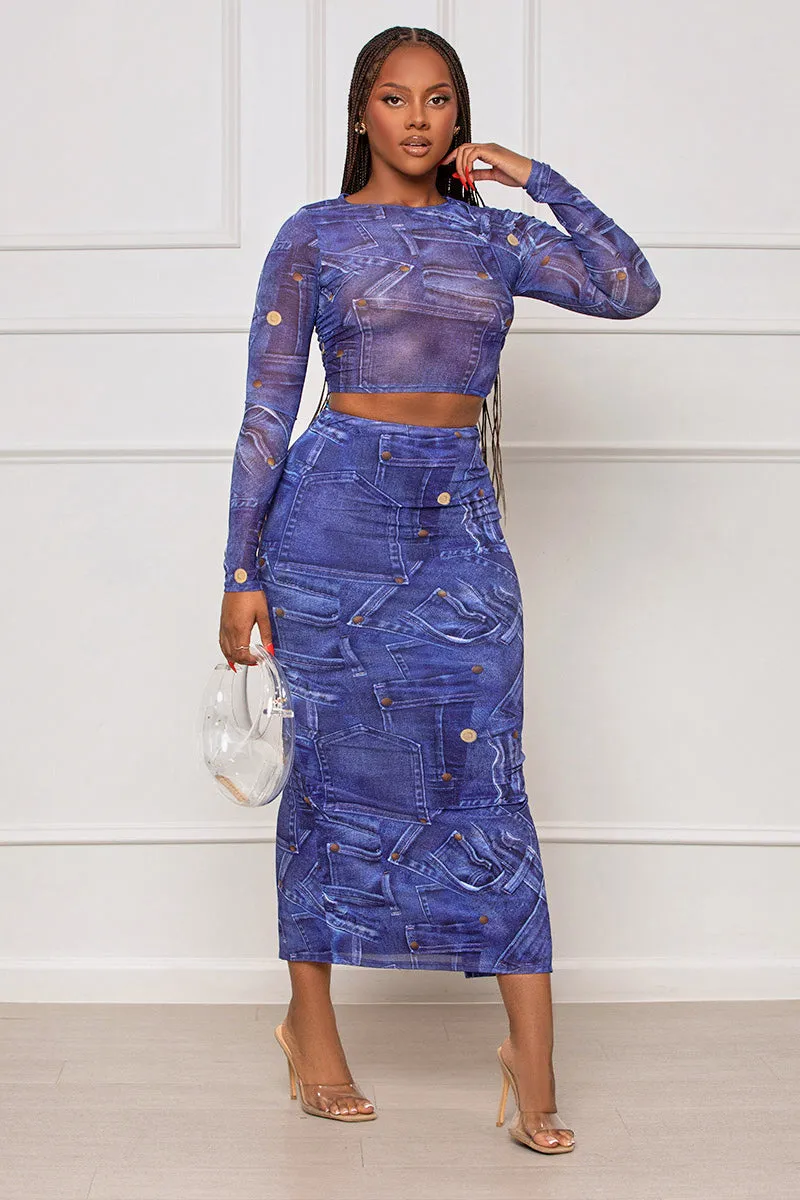 Blue Jean Babe Denim Print Skirt Set (Blue)- FINAL SALE
