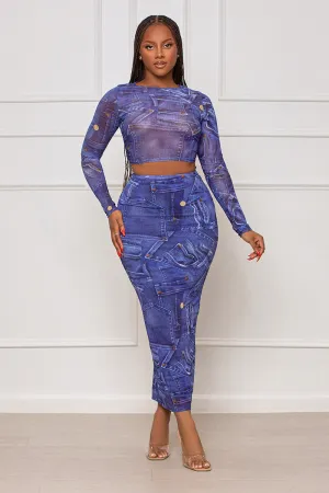 Blue Jean Babe Denim Print Skirt Set (Blue)- FINAL SALE
