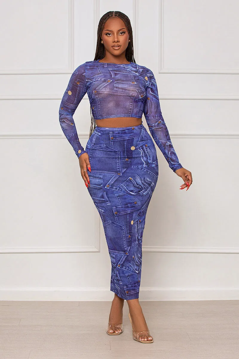 Blue Jean Babe Denim Print Skirt Set (Blue)- FINAL SALE