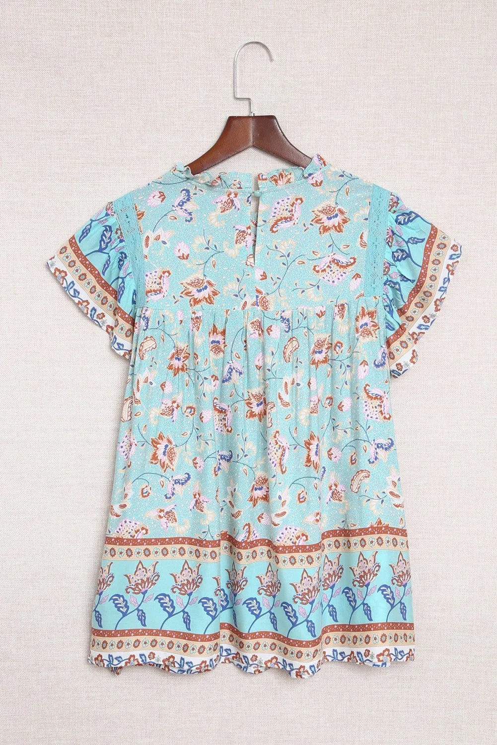 Boho Floral Print Flutter Sleeve Top in Aqua