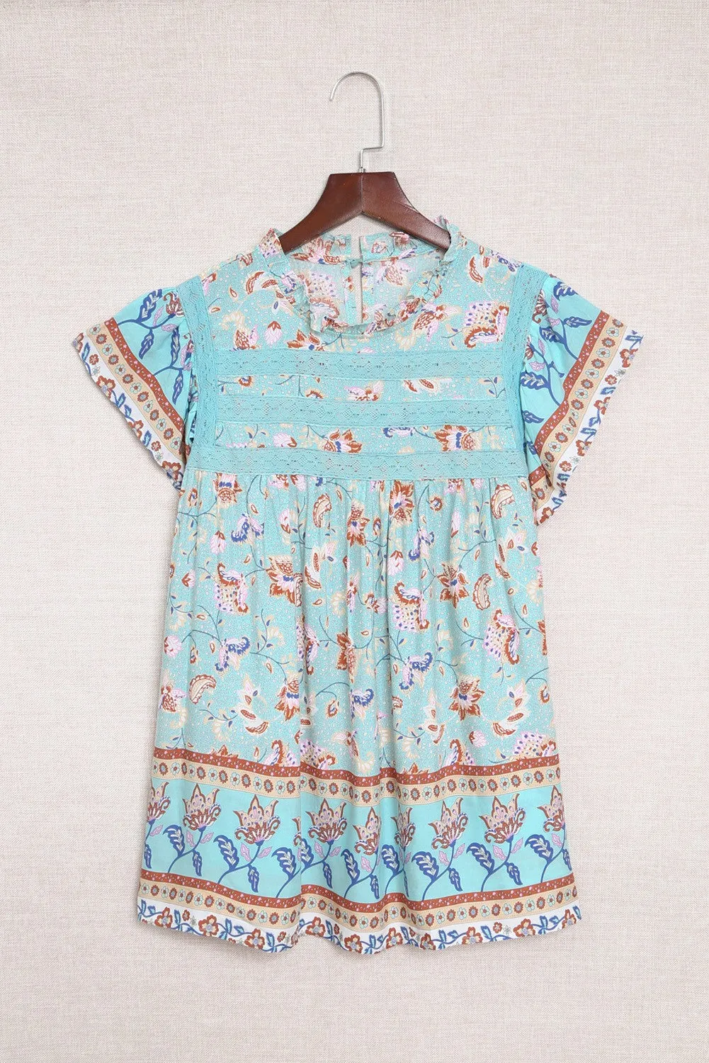 Boho Floral Print Flutter Sleeve Top in Aqua