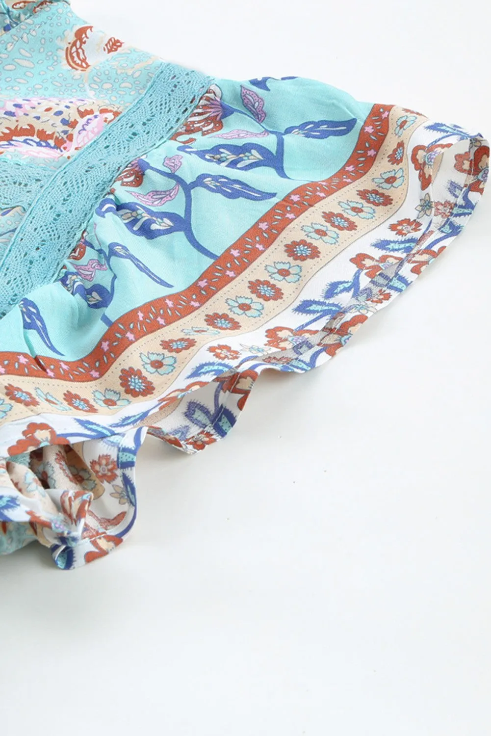 Boho Floral Print Flutter Sleeve Top in Aqua