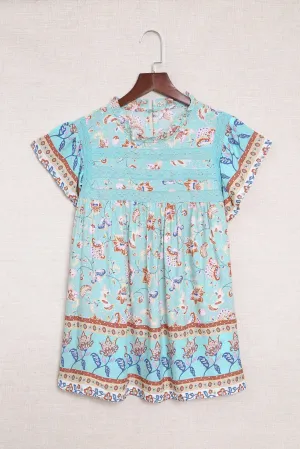 Boho Floral Print Flutter Sleeve Top in Aqua