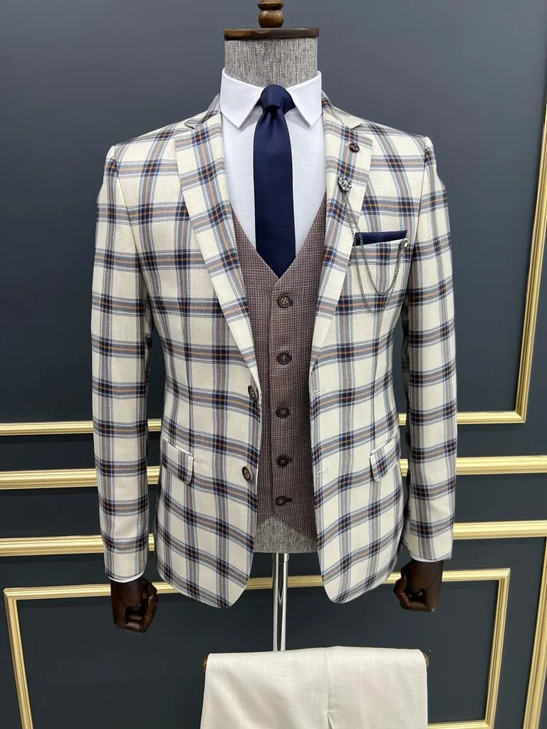 Bojoni Veneta Slim fit Plaid Striped Blue Suit