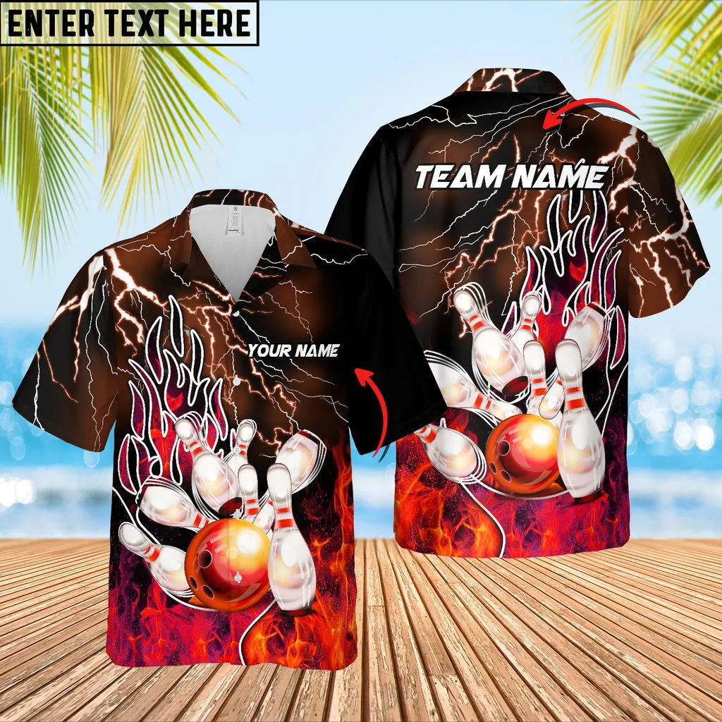 Bowling Thunder And Fire Pro Multicolor Option Customized Name Hawaiian Shirt, Idea Gift for Bowling Team