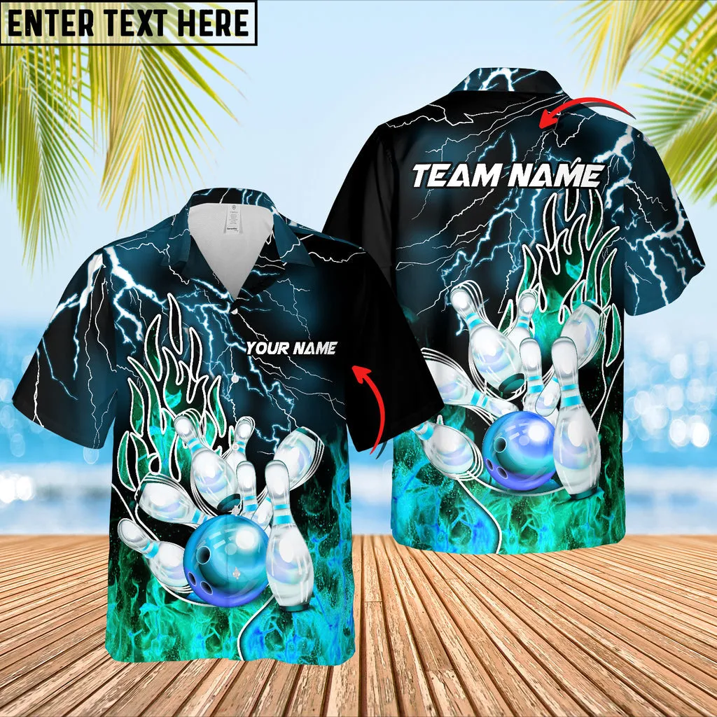Bowling Thunder And Fire Pro Multicolor Option Customized Name Hawaiian Shirt, Idea Gift for Bowling Team