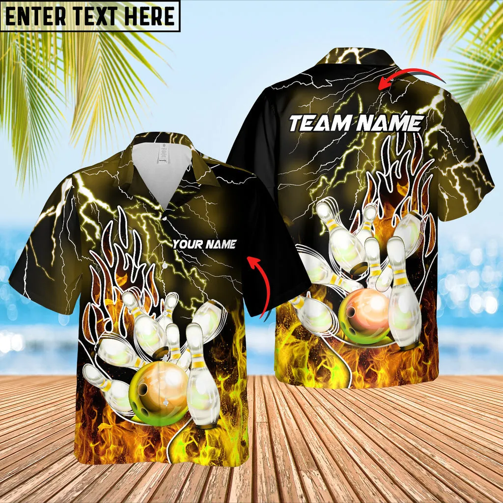 Bowling Thunder And Fire Pro Multicolor Option Customized Name Hawaiian Shirt, Idea Gift for Bowling Team