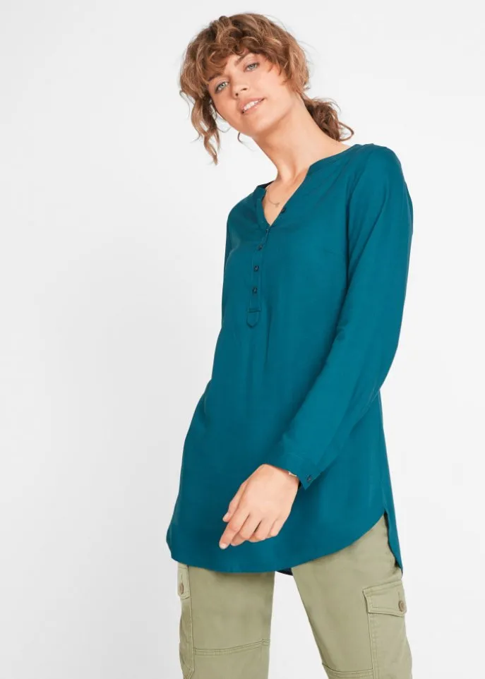 Bpc Bonprix Collection V-neck tunic blouse with long sleeves, blue