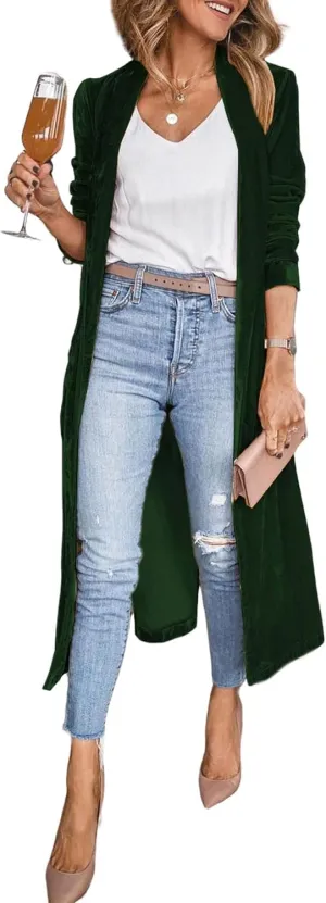 CHARTOU Women Elegant Velvet Jacket Open Front Long Cardigan Duster Long Sleeve Office Work Blazer