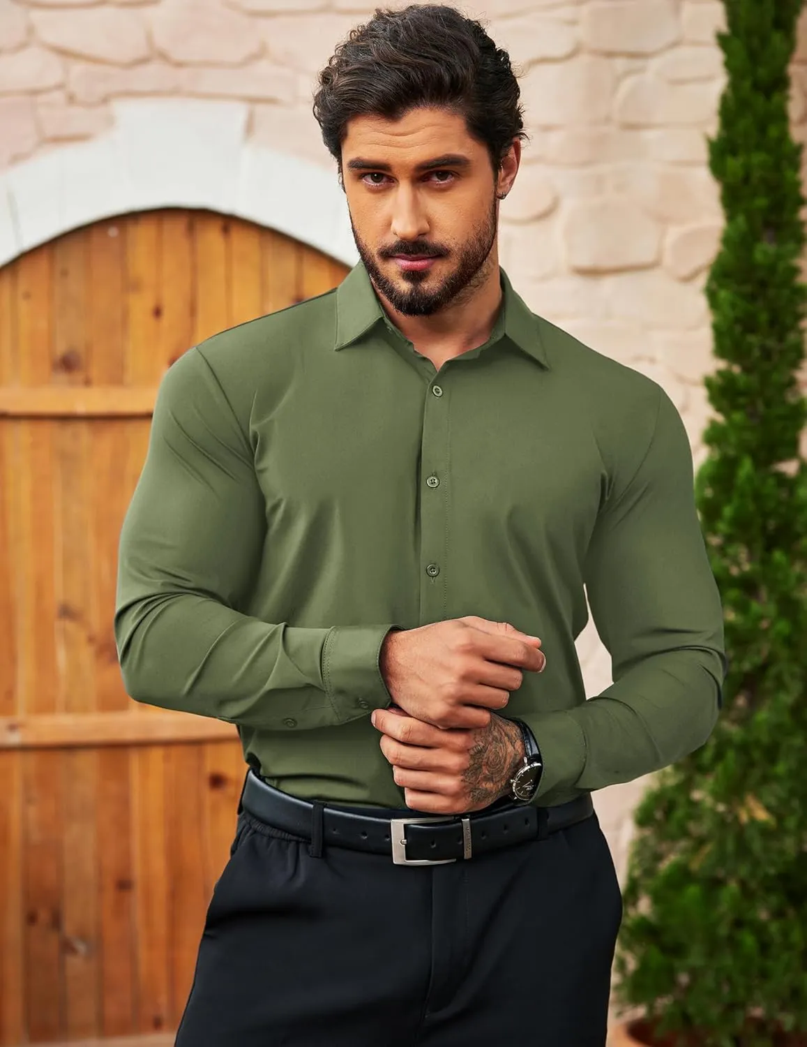 COOFANDY Men's Muscle Fit Dress Shirts Wrinkle Free Long Sleeve Button Down Shirt Stretch Business Shirt