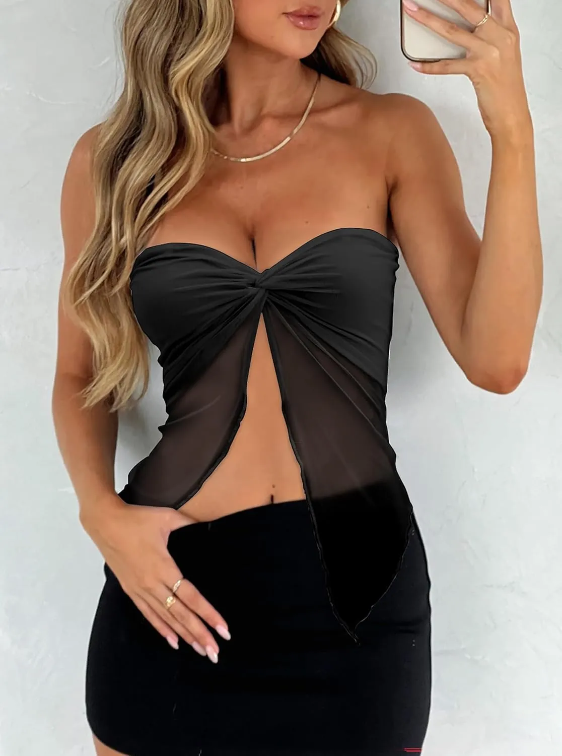 CSDAJIO Women's Sheer Mesh Twist Split Front Asymmetrical Tube Top Strapless Bandeau Crop Top Backless Shirt