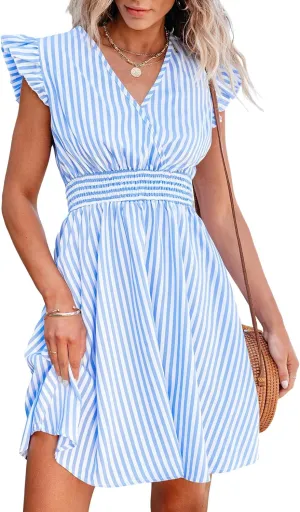 CUPSHE Women's Mini Dress V Neck Flutter Sleeve Striped Smocked Waist A Line Short Summer Cocktail Dress