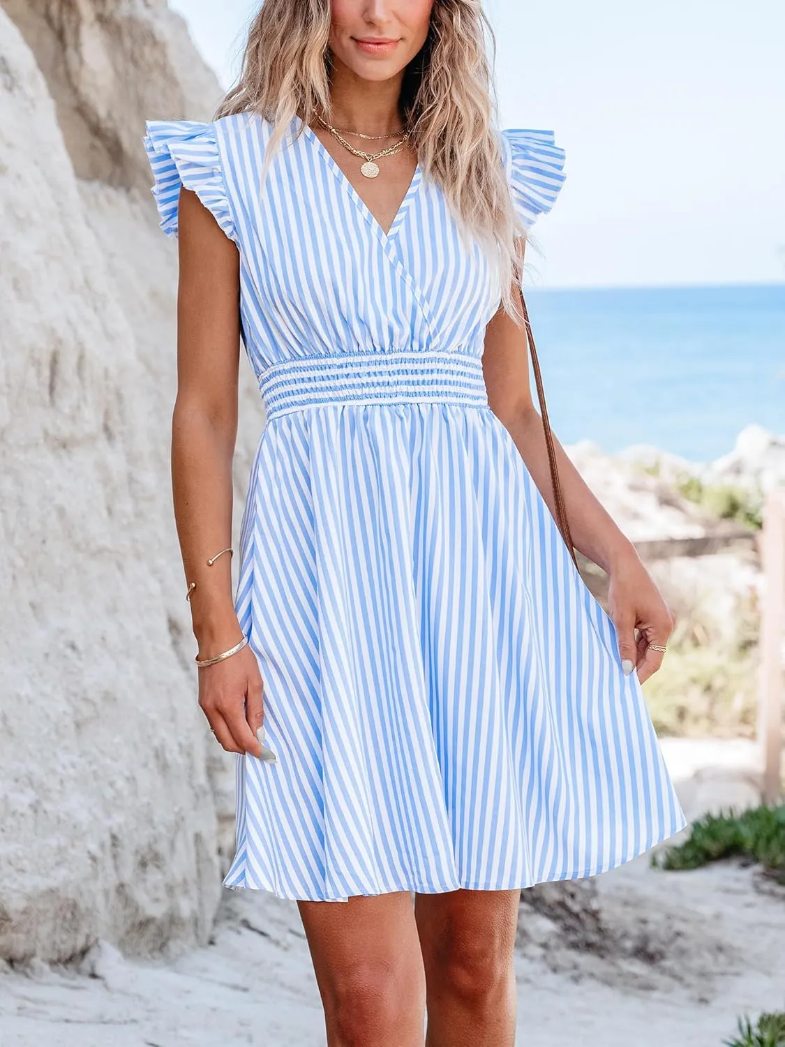 CUPSHE Women's Mini Dress V Neck Flutter Sleeve Striped Smocked Waist A Line Short Summer Cocktail Dress