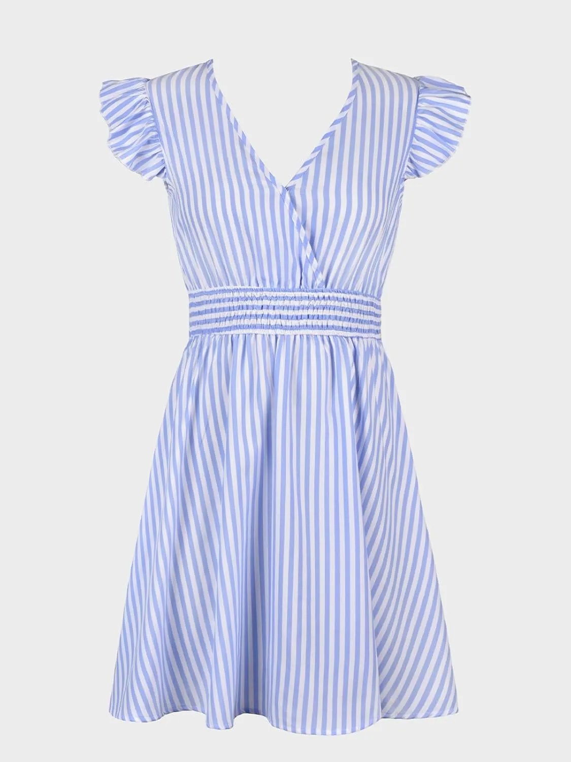 CUPSHE Women's Mini Dress V Neck Flutter Sleeve Striped Smocked Waist A Line Short Summer Cocktail Dress