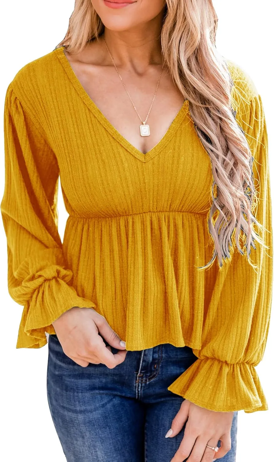 Deerose Women's Puff Sleeve Ruffle Hem Peplum Top
