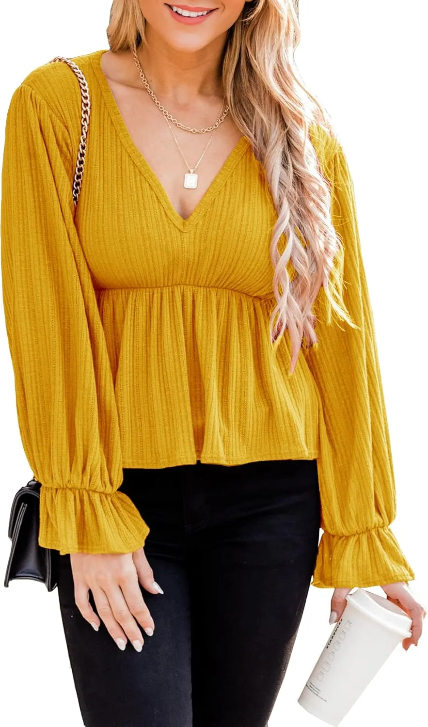 Deerose Women's Puff Sleeve Ruffle Hem Peplum Top