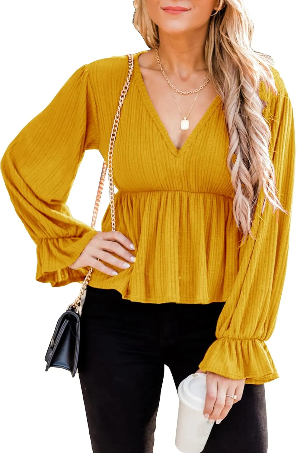 Deerose Women's Puff Sleeve Ruffle Hem Peplum Top