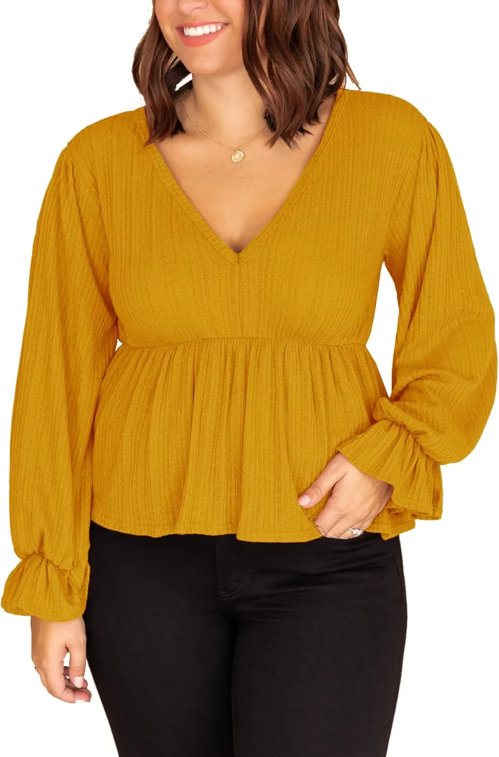 Deerose Women's Puff Sleeve Ruffle Hem Peplum Top