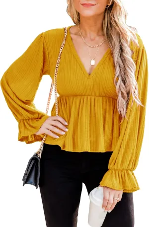 Deerose Women's Puff Sleeve Ruffle Hem Peplum Top