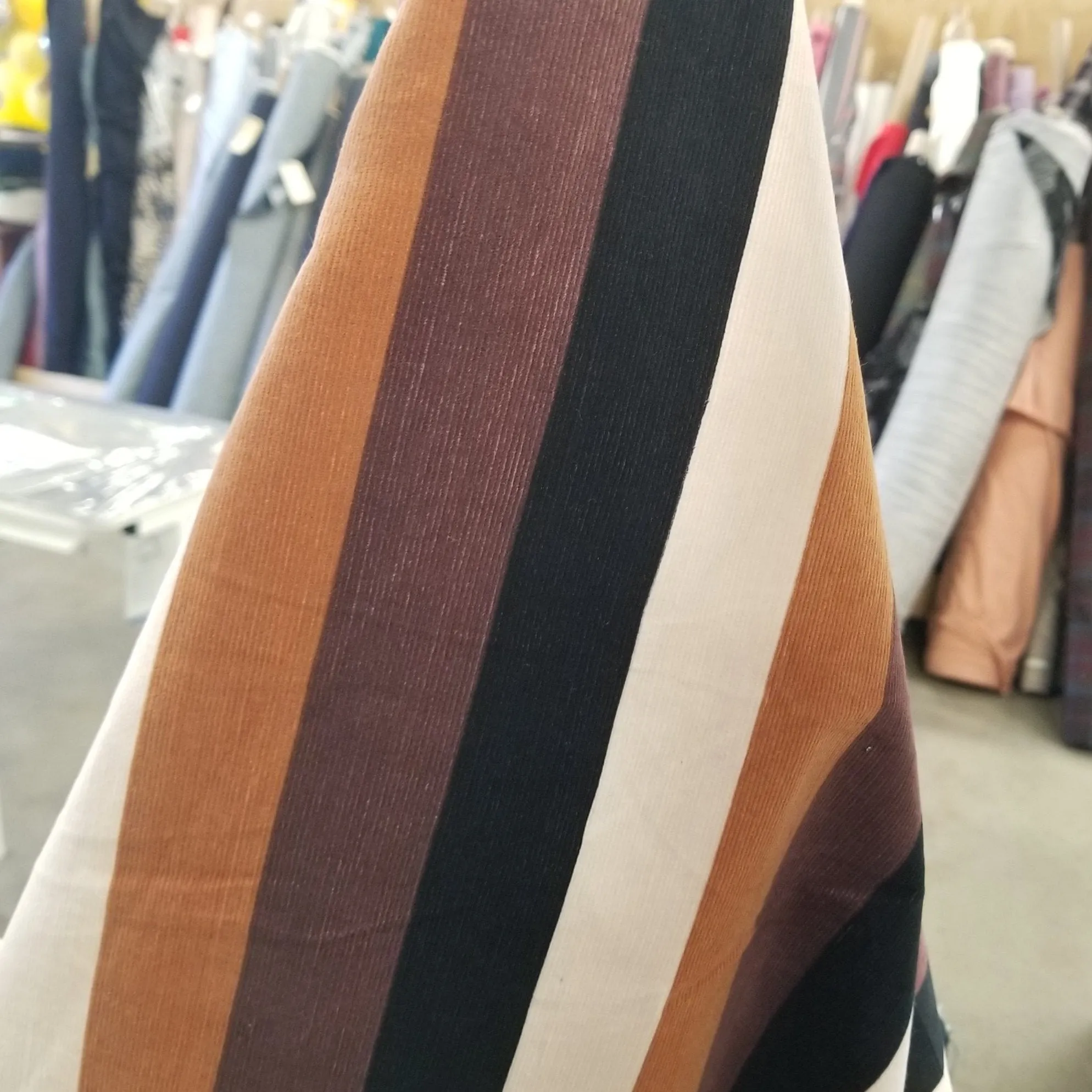 Designer Deadstock Vertical Black and Brown Stripe Baby Wale Corduroy Woven- by the yard