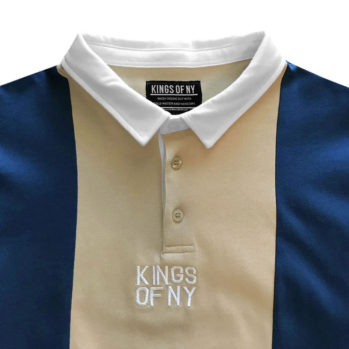 Dusty Blue and Tan Logo Vertical Striped Long Sleeve Rugby Shirt