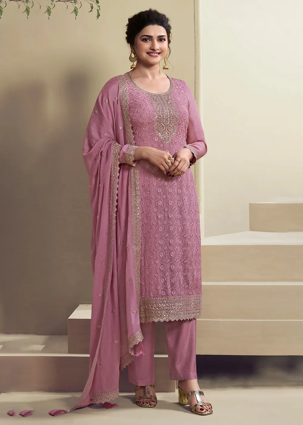 Dusty Pink Schiffli Embroidered Organza Salwar Suit