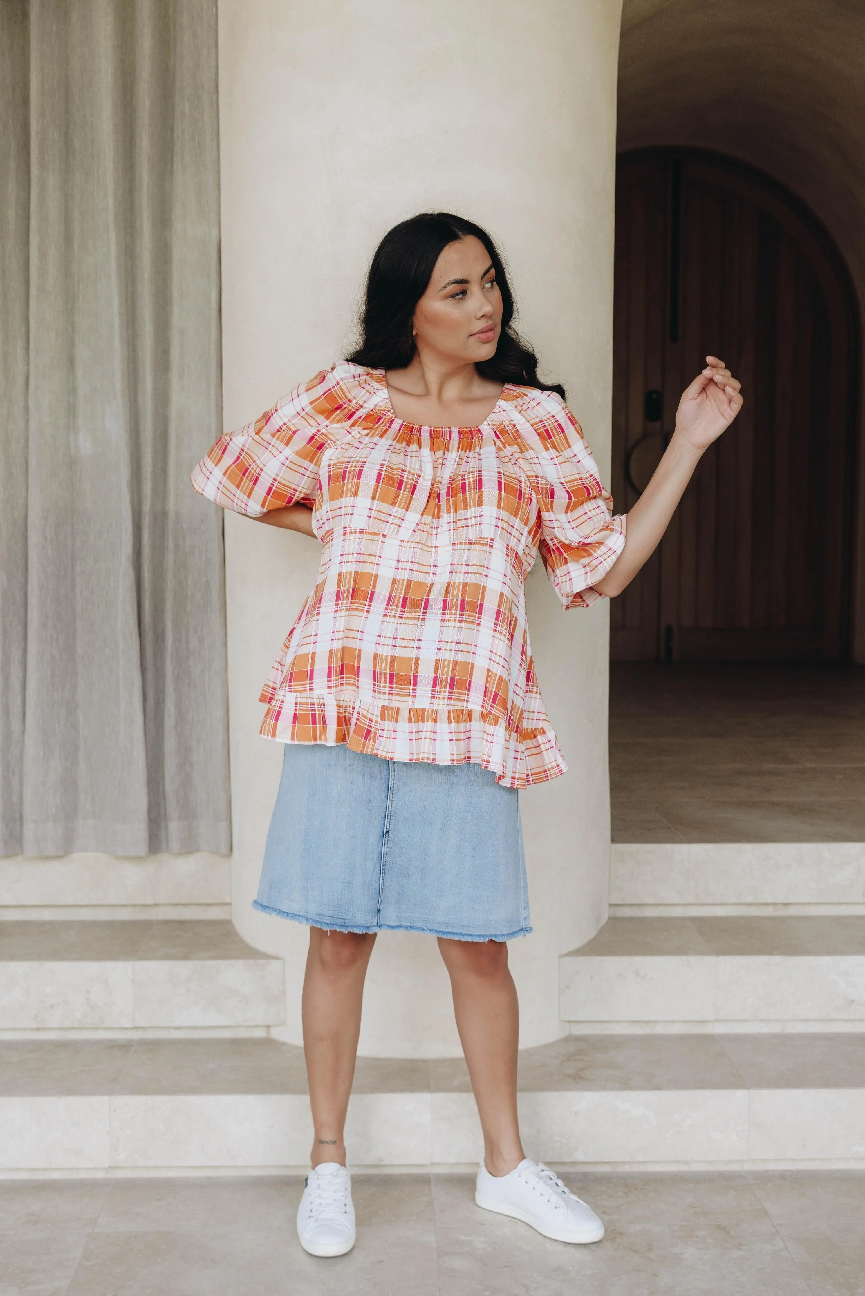 Elfie Ruffle Top | Ember Check | FINAL SALE