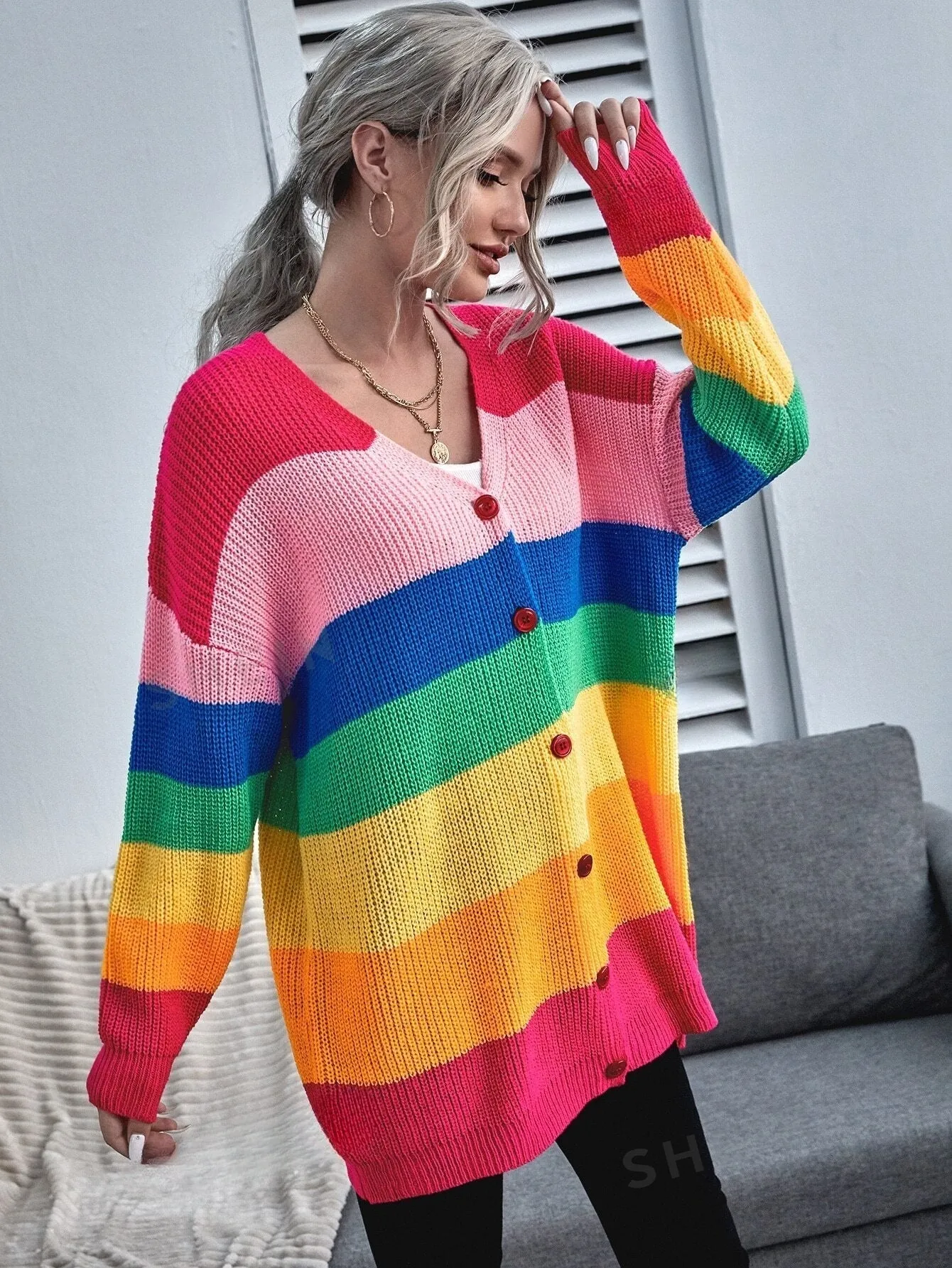 Essnce Button Front Drop Shoulder Rainbow Stripe Cardigan