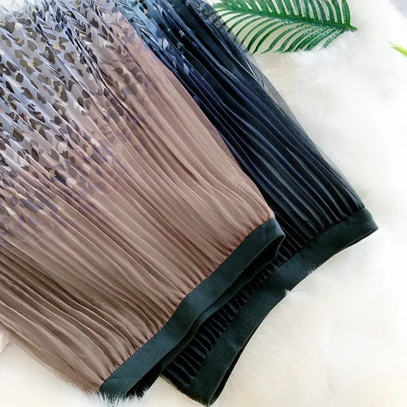 Fairy pleating mesh Skirt with Leopard print hem (Black/Blue)