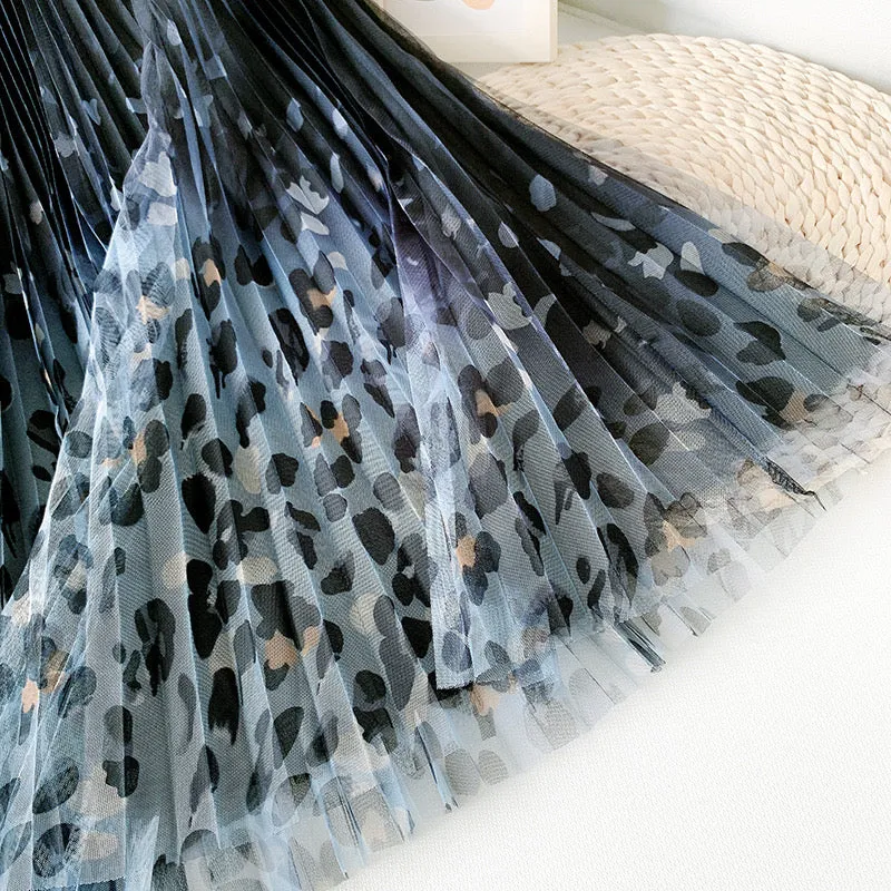 Fairy pleating mesh Skirt with Leopard print hem (Black/Blue)