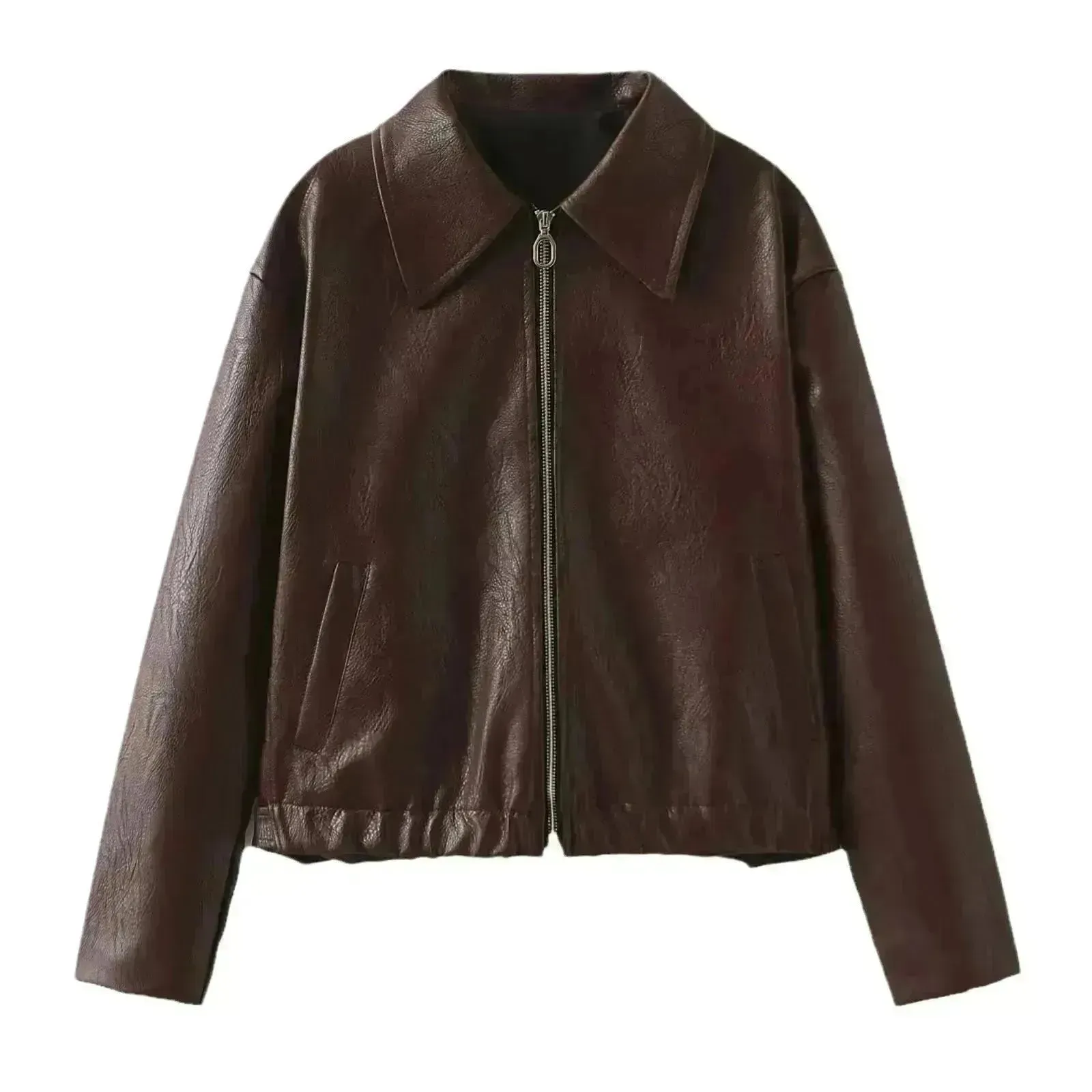 Fashioned Oversized zipper Lapel Leather coat jacket for women