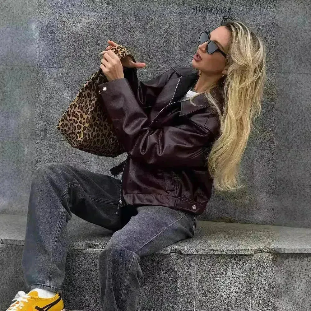 Fashioned Oversized zipper Lapel Leather coat jacket for women