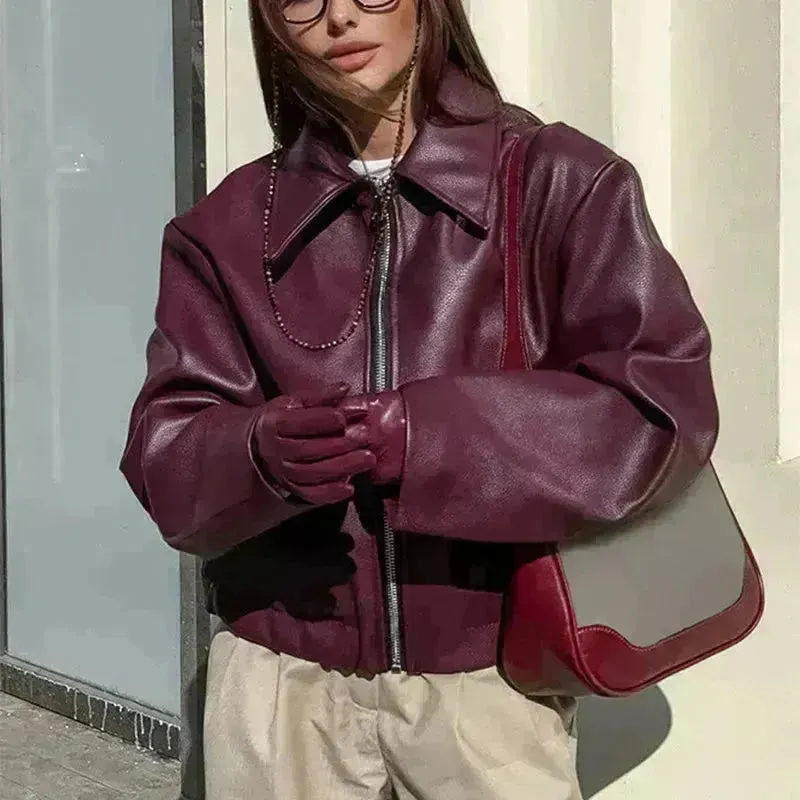 Fashioned Oversized zipper Lapel Leather coat jacket for women