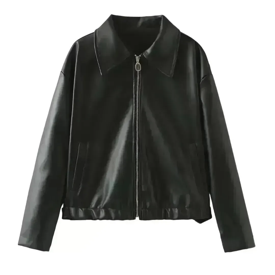 Fashioned Oversized zipper Lapel Leather coat jacket for women