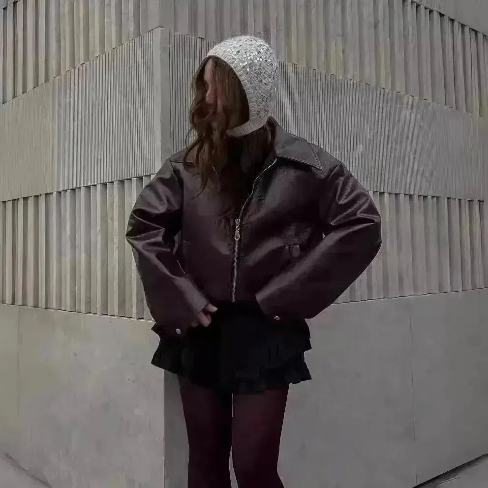Fashioned Oversized zipper Lapel Leather coat jacket for women