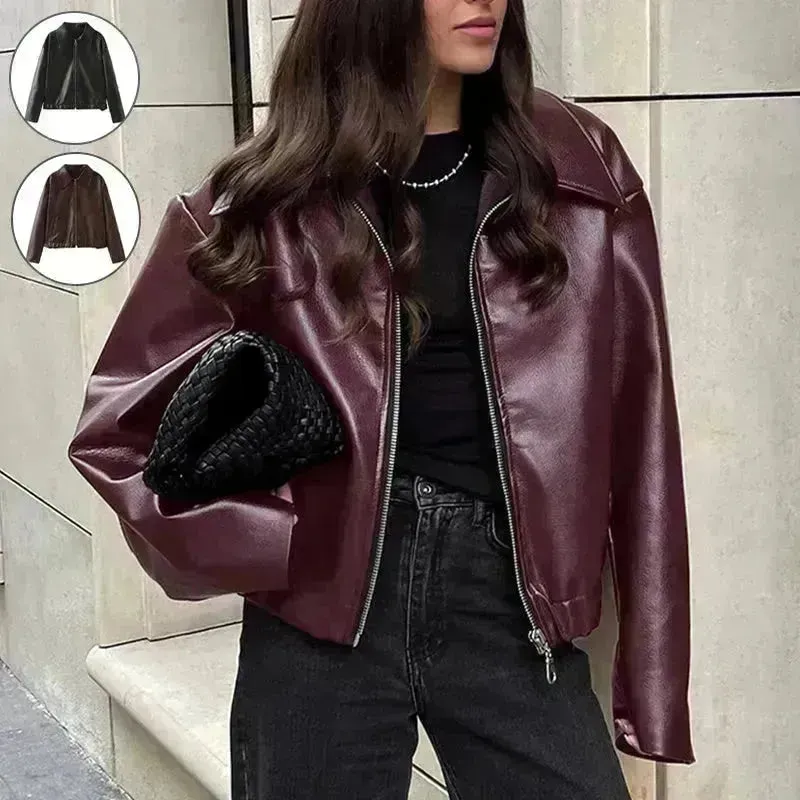 Fashioned Oversized zipper Lapel Leather coat jacket for women