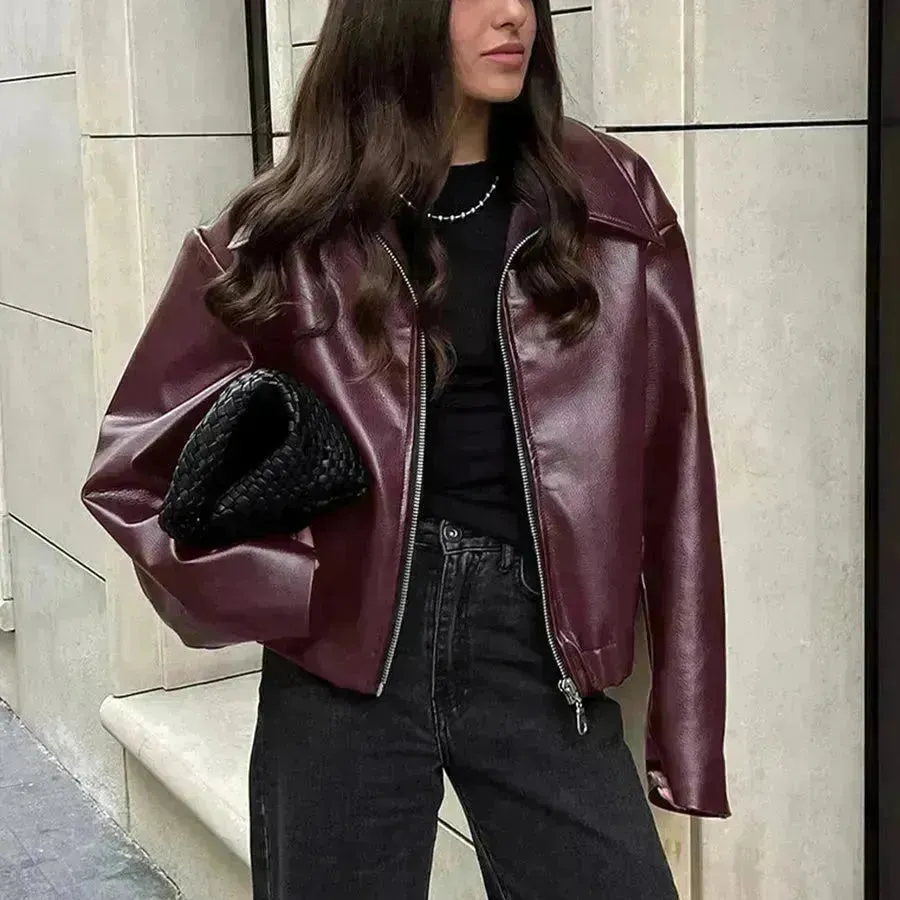 Fashioned Oversized zipper Lapel Leather coat jacket for women