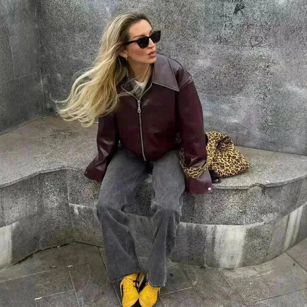Fashioned Oversized zipper Lapel Leather coat jacket for women